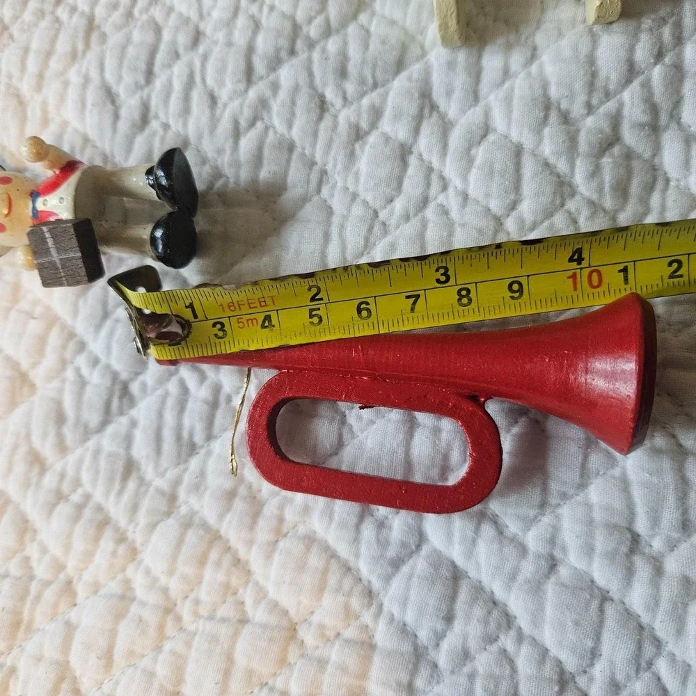 vintage wood Christmas ornaments set of 4 trumpet‎ rocking horse nutcracker mail